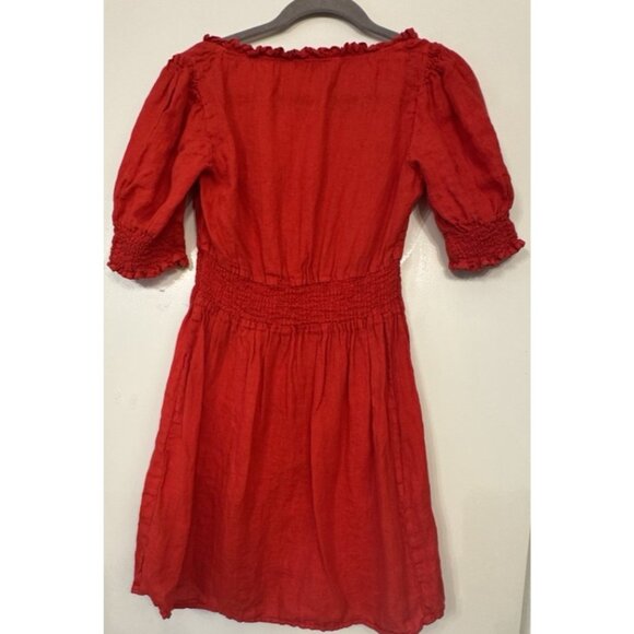 Zara Linen Red Mini Linen Puff Sleeve Dress Medium Button Stretch Waist Party - Picture 12 of 12